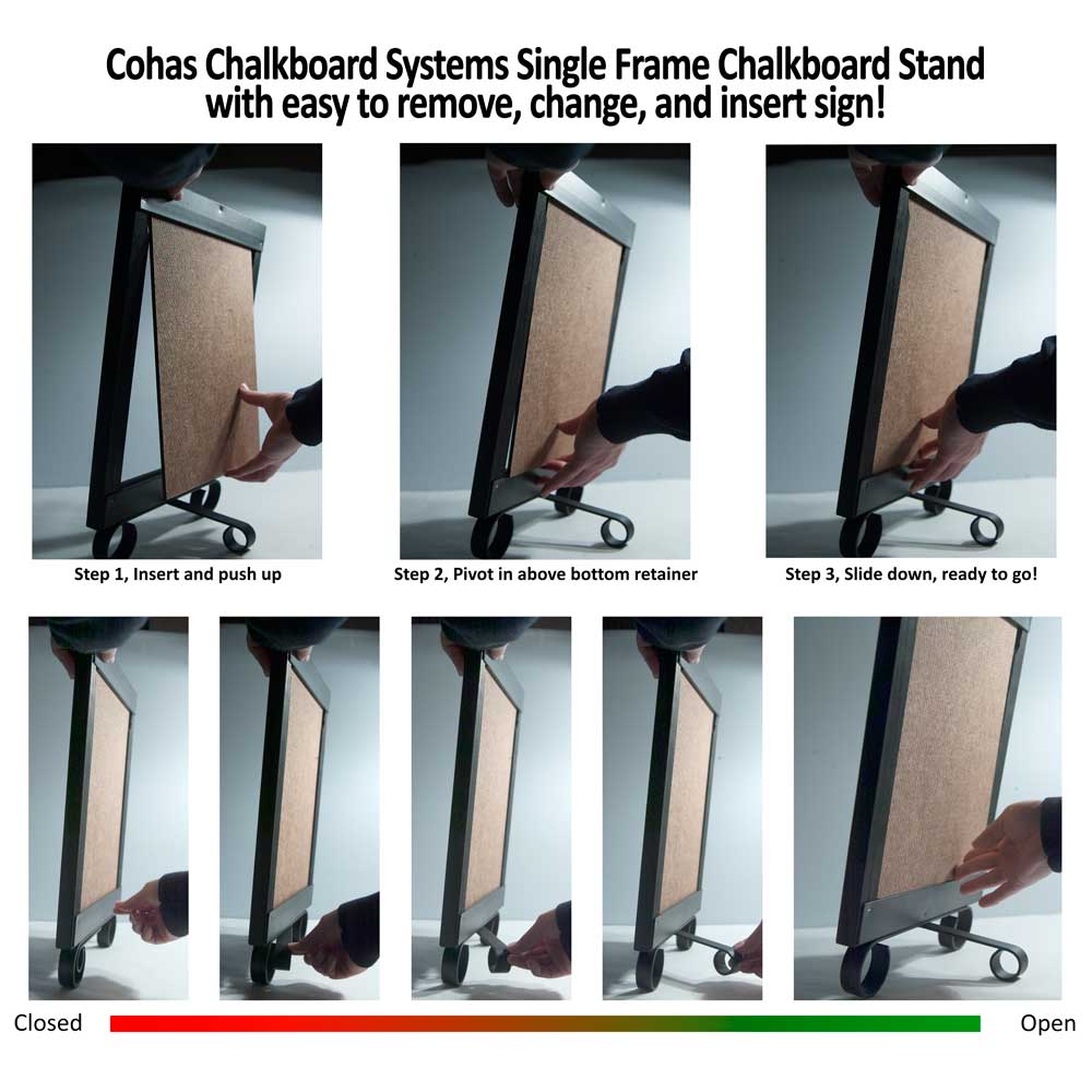 Single Frame Infographic Cohas Chalboard Systems Single Frame Chalboard Stand with easy to remove, change and insert sign