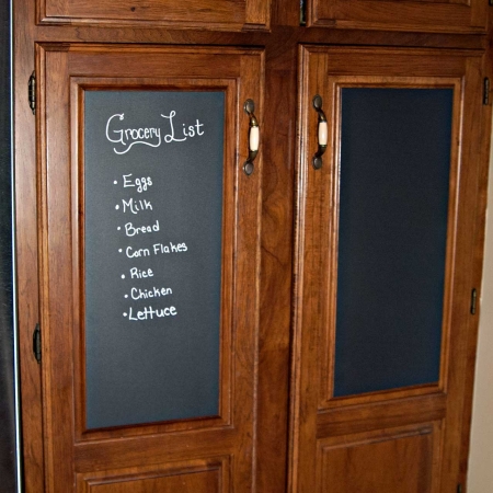Picture of ChalkFlex on the pantry cabinets in the Kitchen with a Grocery List written out with a Zig Ilumigraph 6mm white Marker