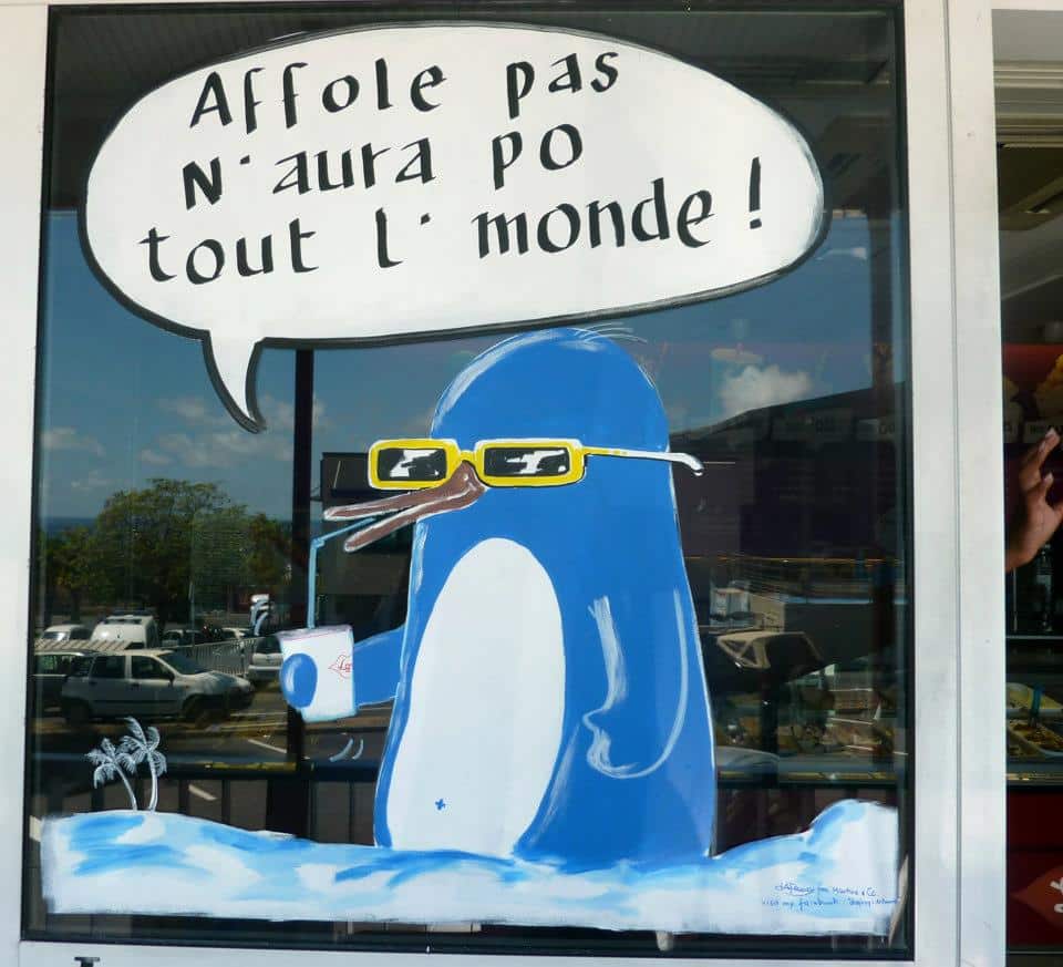 Pengin in blue Paint Markers on a Ice Cream Storefront Paint Marker Window Art in France Cohas.com