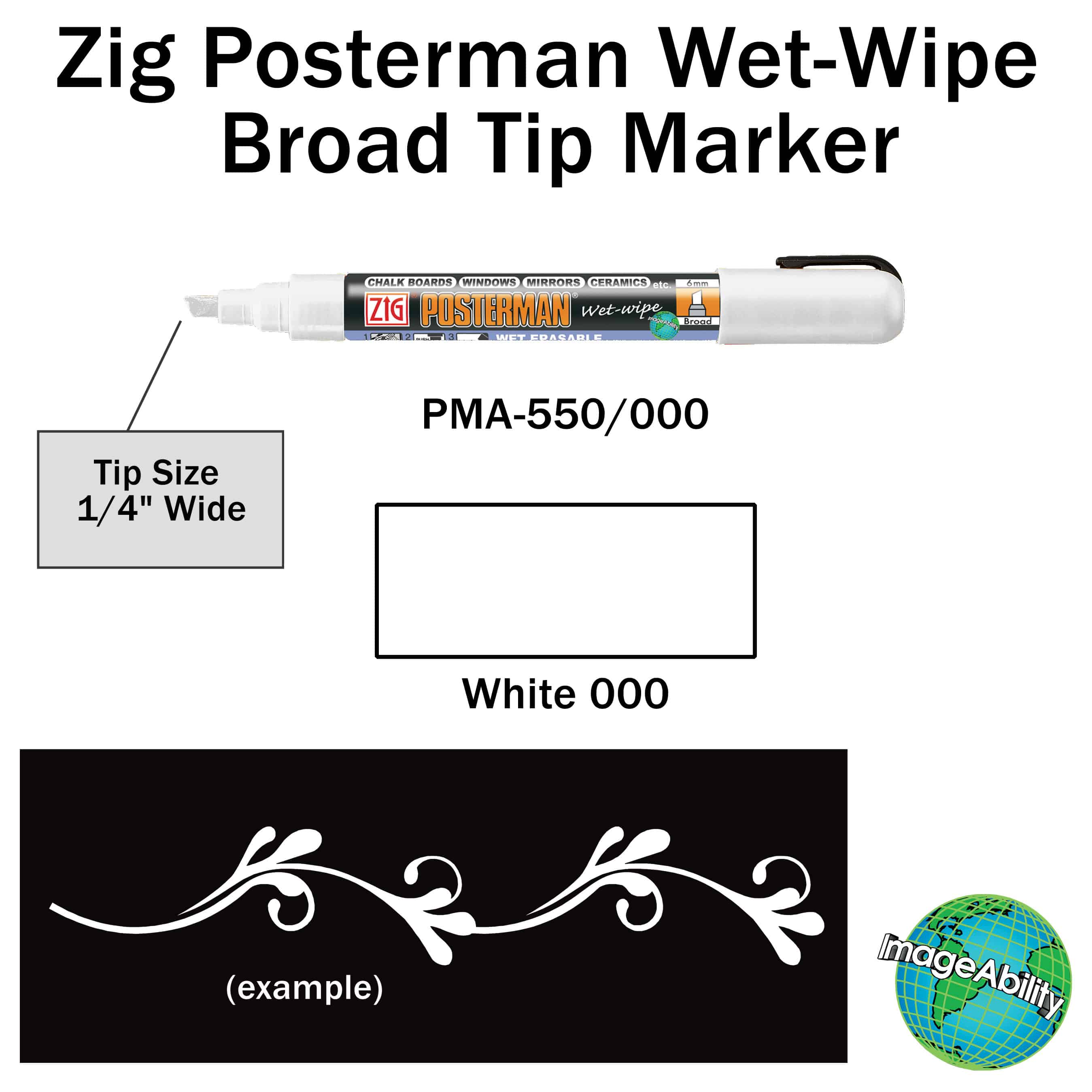 White Wet-Wipe Broad Chisel 6mm Tip Marker Details Details about Zig Posterman White Wet-Wipe Broad Chisel 6mm Tip Marker SKU PMA-550-000 UPC 847340000396