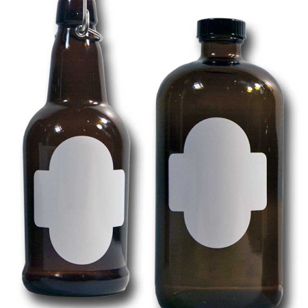Cohas Chalkboard and Marker Systems Arch Matte White Labels fit Beer Growler and Essential Oil Containers shown in use on 16 oz and 32 oz glass bottles