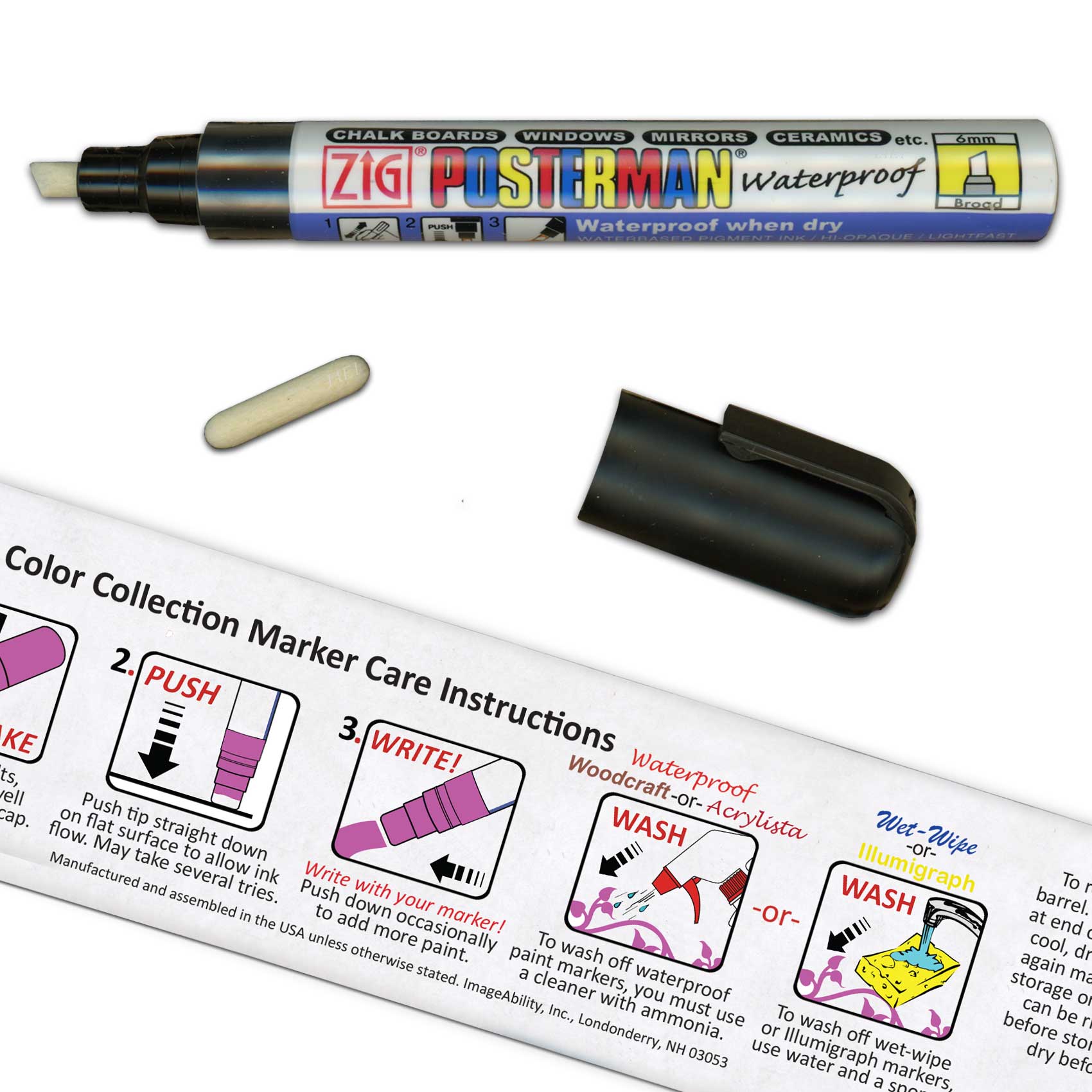 Color Collection Zig Posterman Waterproof 6mm Tip Black Marker with 2mm Tip, Black Cap, and Marker Priming and Care Instructions
