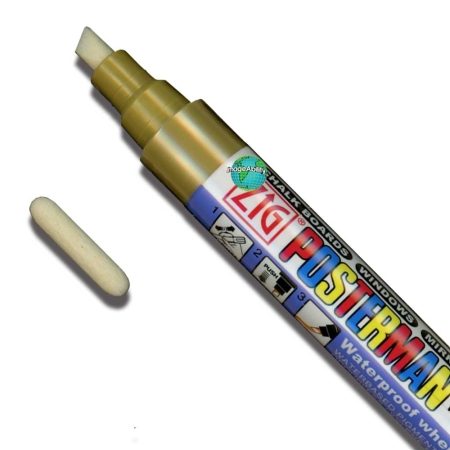 Color Collection Zig Posterman Waterproof 6mm Tip Gold Marker with 2mm Tip features Gold 6mm Marker with an extra 2mm bullet tip