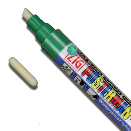 Color Collection Zig Posterman Waterproof 6mm Tip Green Marker with 2mm Tip features Green 6mm Marker with an extra 2mm bullet tip