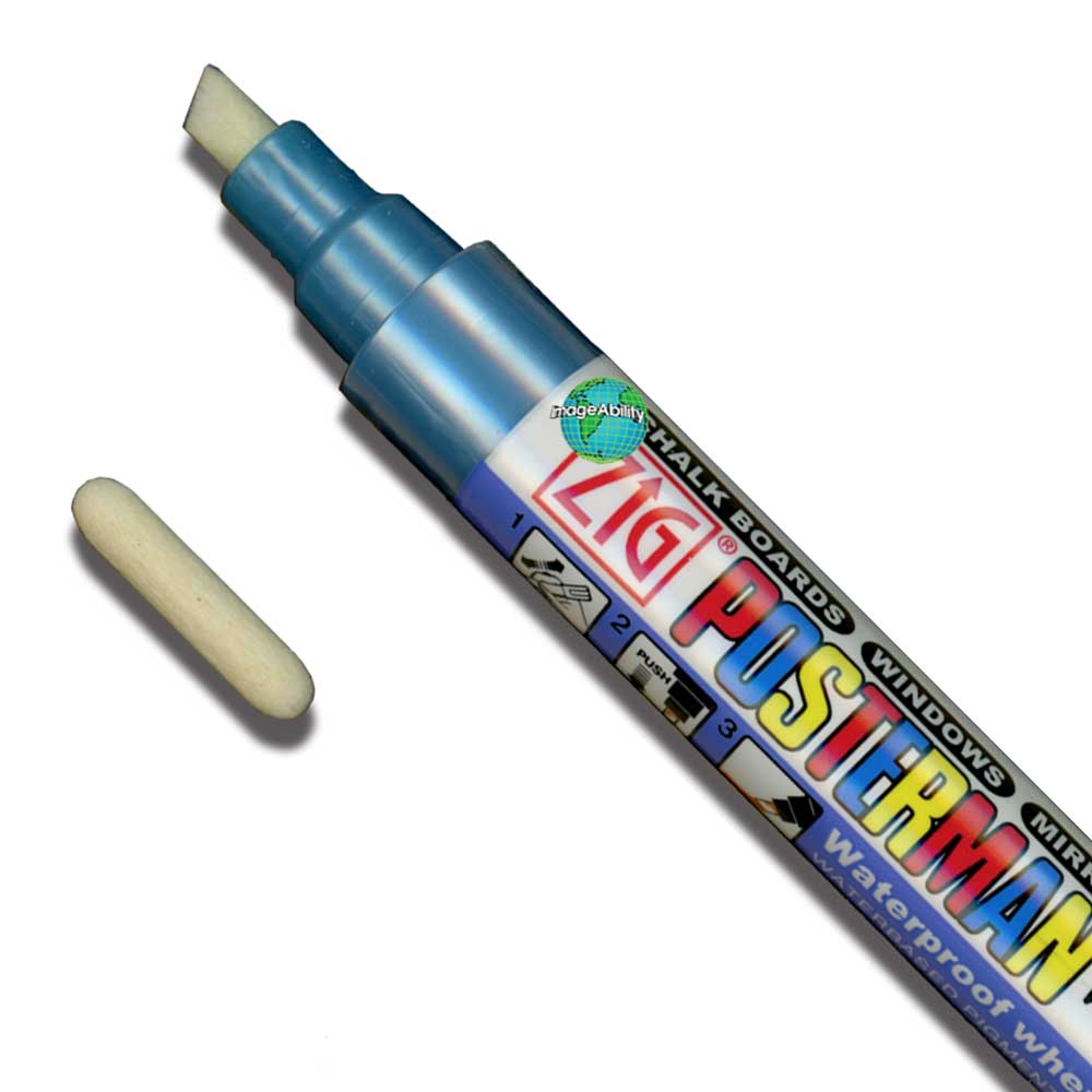 Color Collection Zig Posterman Waterproof 6mm Tip Metallic Blue Marker with 2mm Tip Color Collection Zig Posterman Waterproof 6mm Tip Metallic Blue Marker with 2mm Tip features Metallic Blue 6mm Marker with an extra 2mm bullet tip