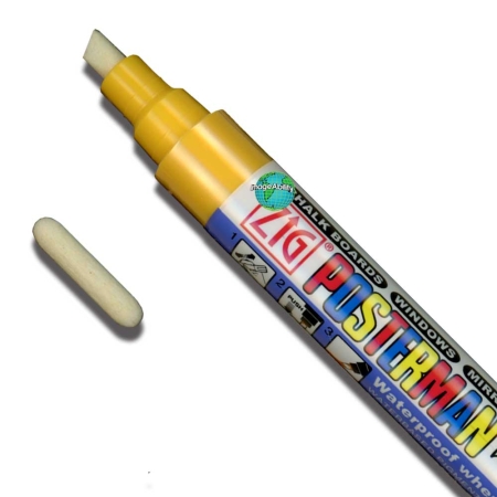 Color Collection Zig Posterman Waterproof 6mm Tip Yellow Marker with 2mm Tip features Yellow 6mm Marker with an extra 2mm bullet tip