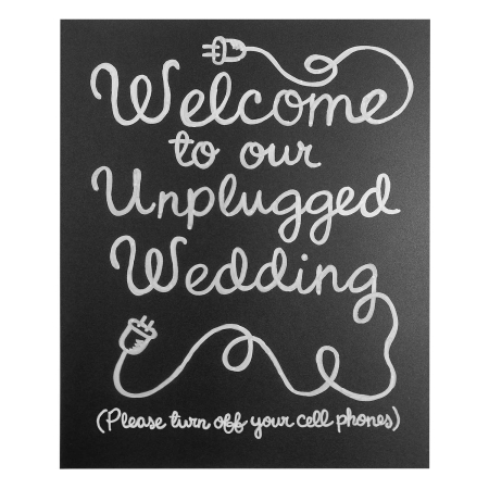 Handmade Unplugged Wedding Chalkboard Sign features a chalkboard that says "Welcome to our Unplugged Wedding" with an image of power cords, as well as small text "(Please turn off your cell phones)"