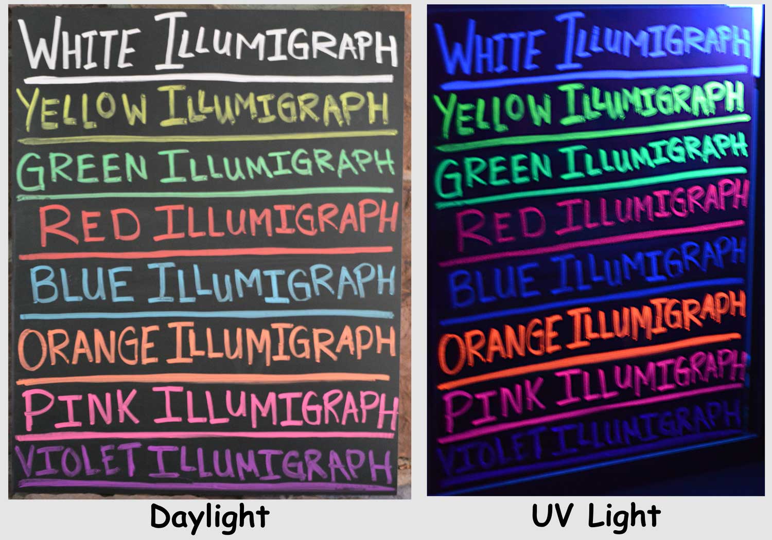 An image showing the same chalkboard side by side in different lighting. The boards have the text, "White Illumigraph, Yellow Illumigraph, Green Illumigraph, Red Illumigraph, Blue Illumigraph, Orange Illumigraph, Pink Illumigraph, Violet Illumigraph" written with UV markers in each color. The left side of the image shows the board in regular daylight, while the right side shows the board illuminated in black light.